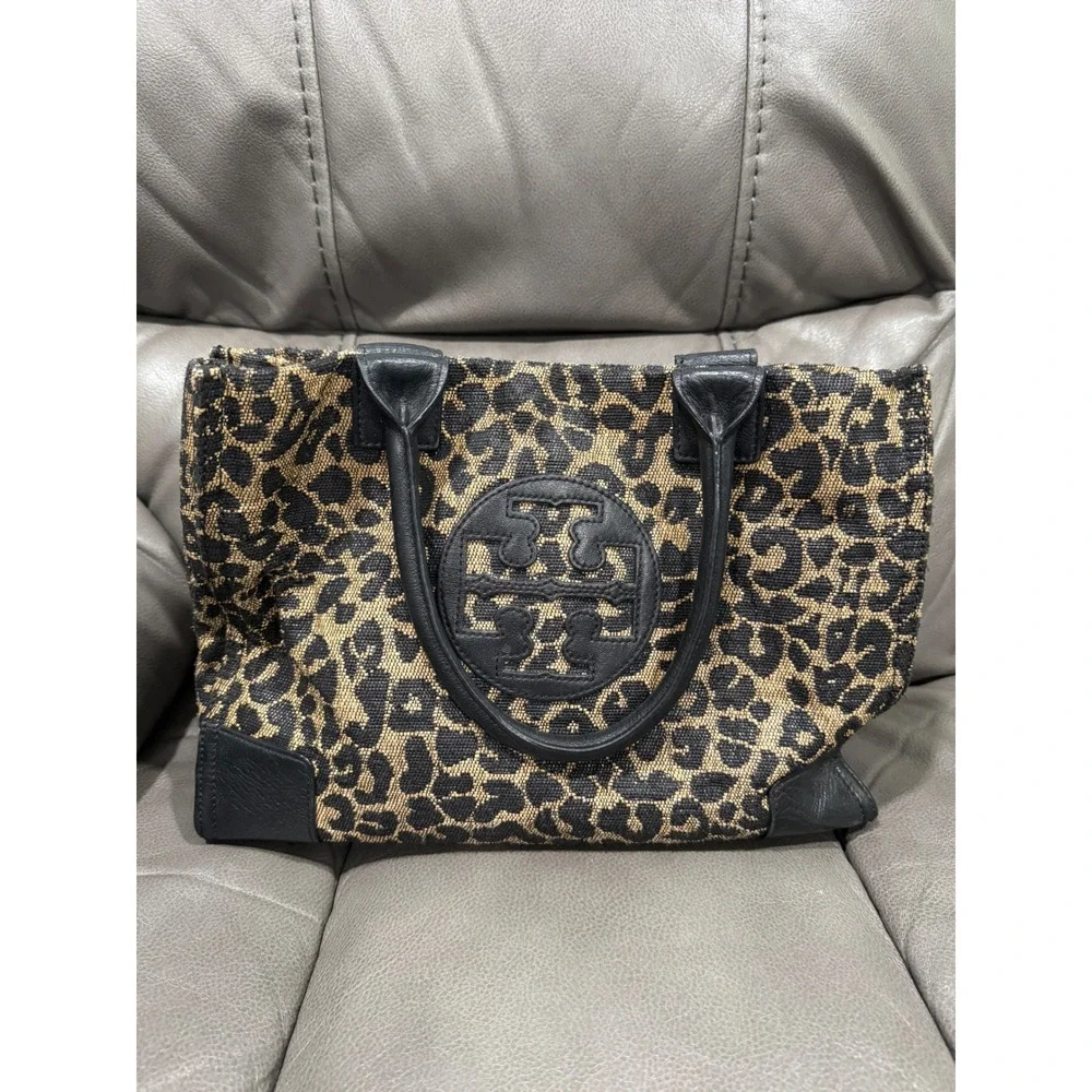 Tory Burch Ella Mini Tote Bag Leopard Print Jacquard Leather Black Tan Small